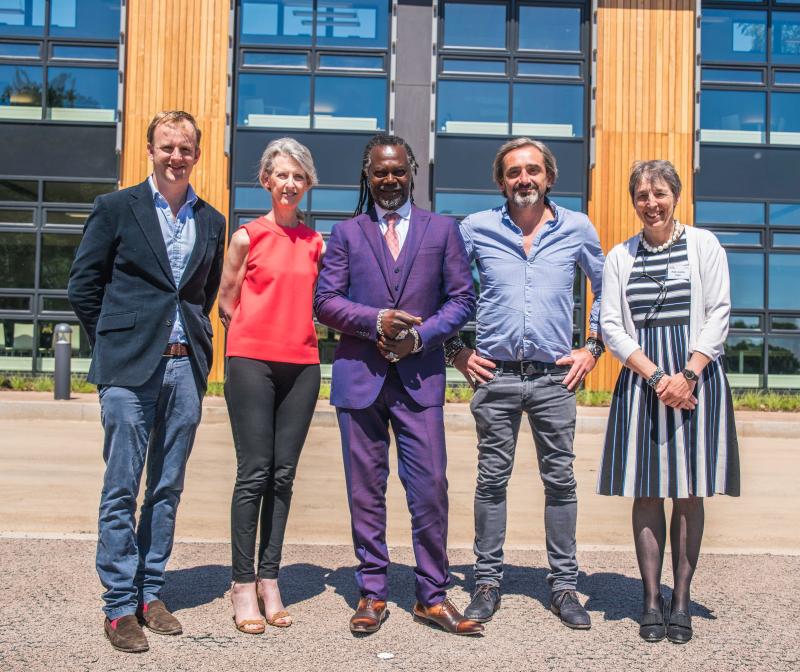 (L-R) Judges Charlie Beldam (Cotswold Gold), Christine Cross (independent consultant), Levi Roots (Reggae Reggae Sauce), Julian Dunkerton (Superdry), Prof Joanna Price (Vice-Chancellor RAU)