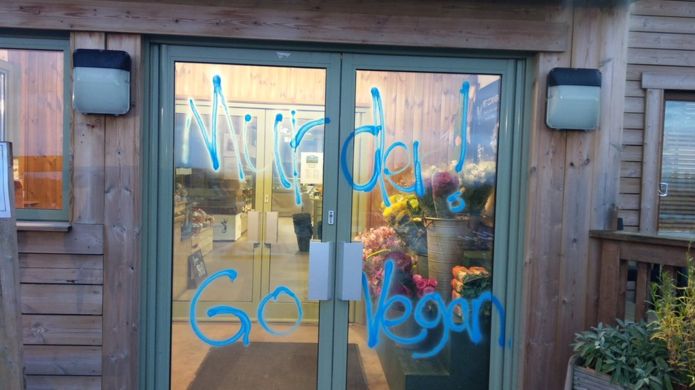 Vegan activists spray painted "Murder" and "Go vegan" on the farm shop's door (Photo: Greendale Farm Shop)