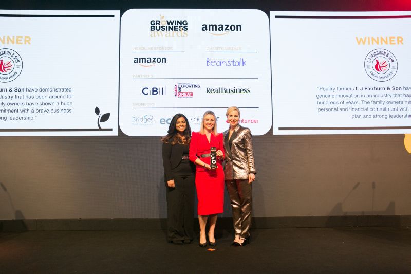 (L-R) Praseeda Nair, Editorial Director at Real Business; Sarah Fairburn, Brand & Sales Director at LJ Fairburn & Son; Awards Host, Sally Phillips