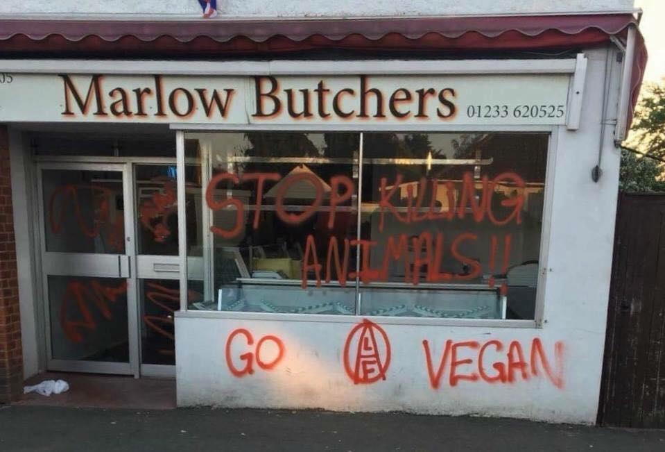 Farmers have concerns activism is becoming more sinister (Photo: vegan activists defaced a butcher last year)