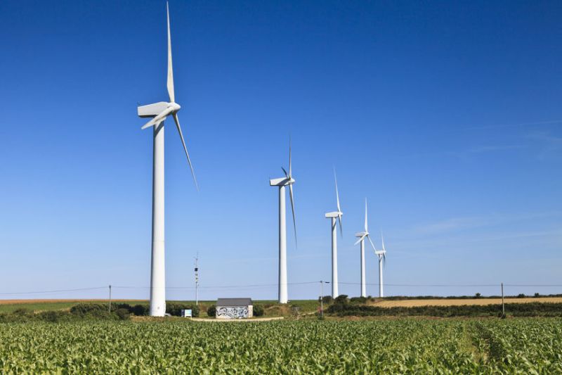 A wind turbine farm in the Brittany region, France