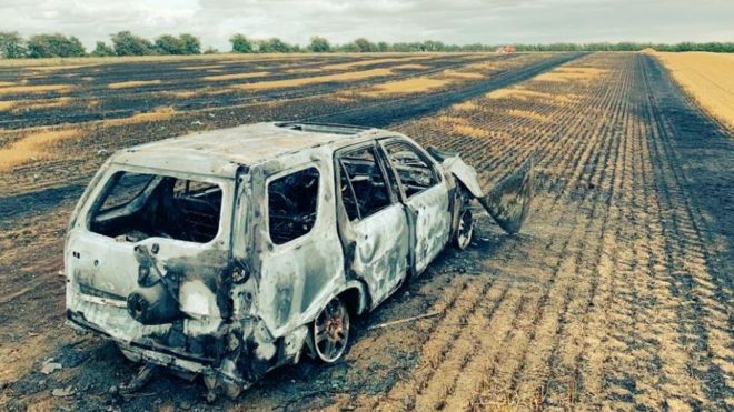 Suspected hare courses set a car alight on a farmer's field near Cambridge (Photo: Cambridgeshire Police)