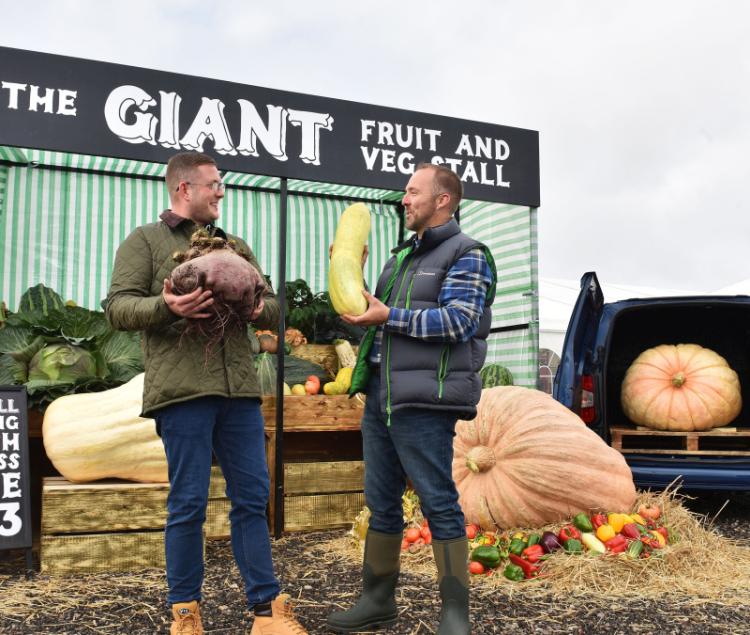 The stall showcases British-grown fruit and vegetables, from 4ft marrows to mammoth 3ft² pumpkins