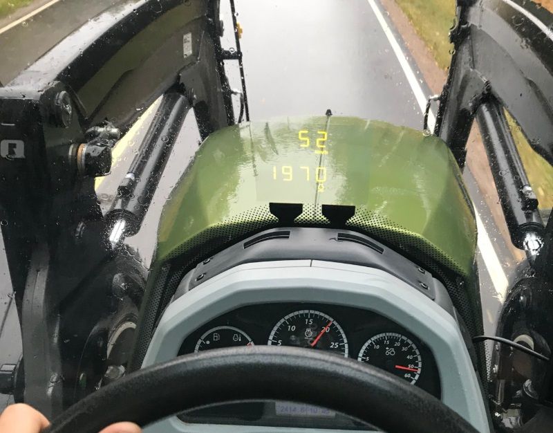 The futuristic head-up display allows the operator to see vital information about the tractor