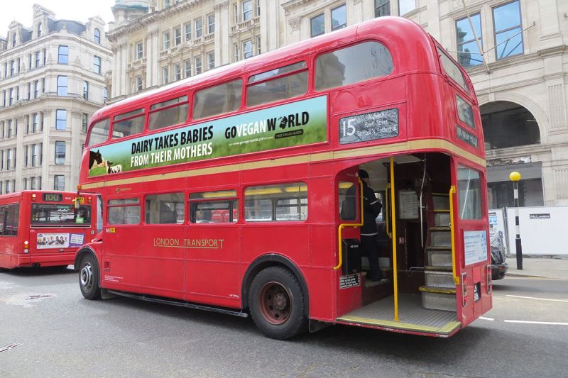 Farmers expressed outrage at the vegan advertisements, seen here on the side of a London bus (Photo: Go Vegan World)