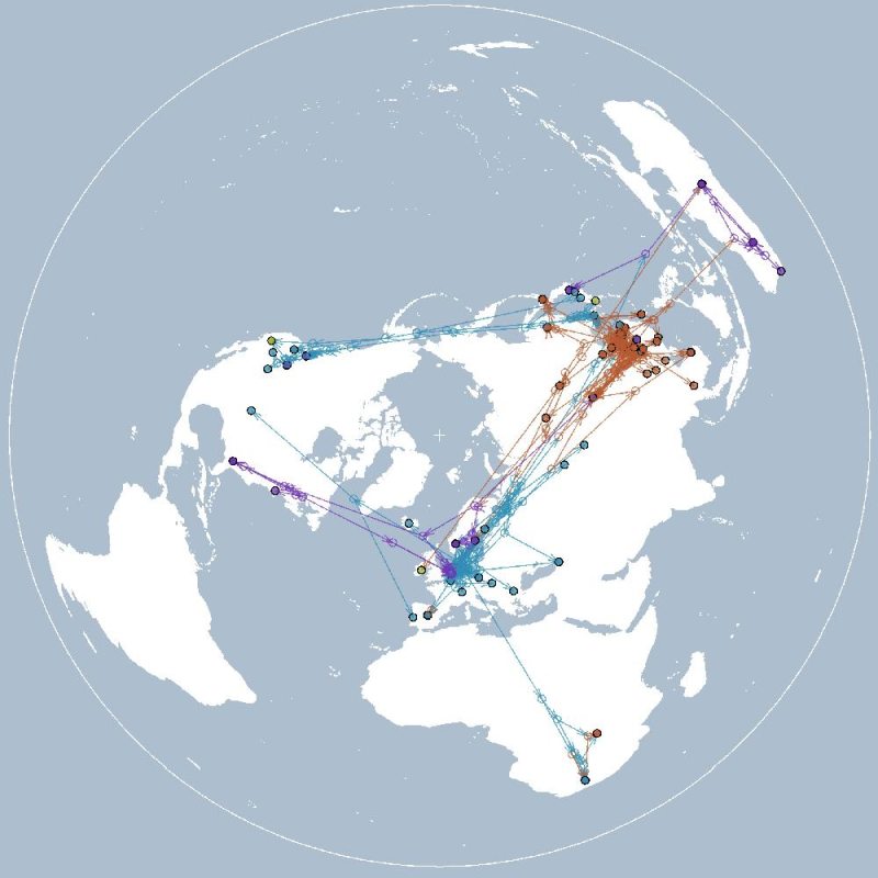 In this map, calculated from genetic data, bird flu starts in Eastern Asia and spreads to Europe via wild birds (Photo: Roslin Institute)