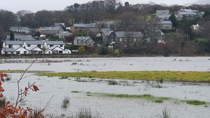 Hundreds of acres of farmland at Llanfrothen near Porthmadog is currently submerged