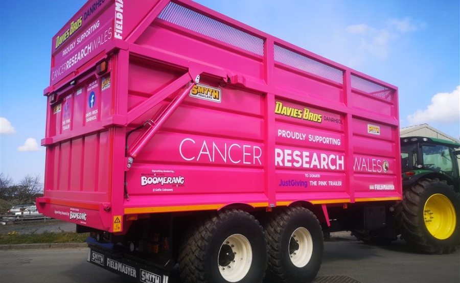 The pink silage trailer is helping raise vital funds for Cancer Research Wales (Photo: Davies Bros Danrheol)