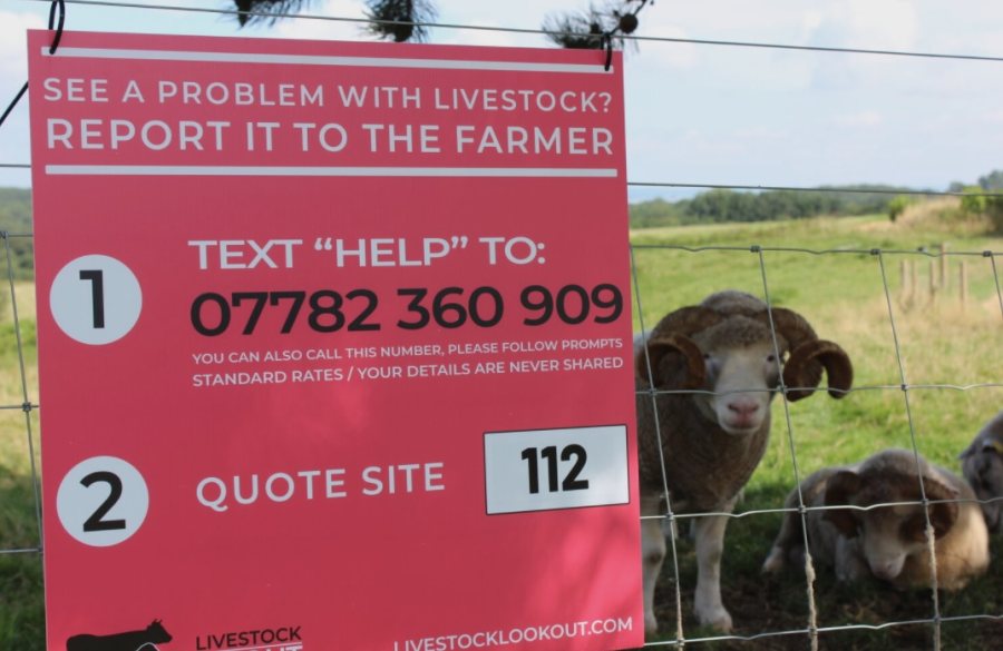 Highly visible signs are placed on farmland which explain to the public how to report any problems