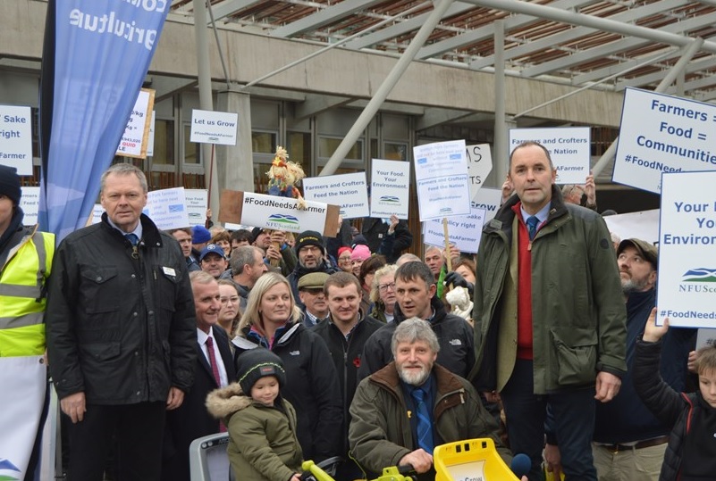 Around 400 farmers and crofters demonstrated outside Holyrood as part of the #FoodNeedsAFarmer protest (Photo: NFU Scotland)