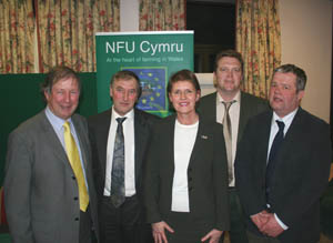 NFU Cymru President Dai Davies, Incoming Brecon & Radnor Chairman Estyn James, Dr Christianne Glossop, Outgoing Chairman Andrew Lloyd and incoming Vice Chairman Gwyn Price
