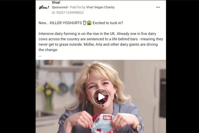 The advert depicts a woman eating a yoghurt, but instead of a fruit filling, there are fake umbilical cords and blood