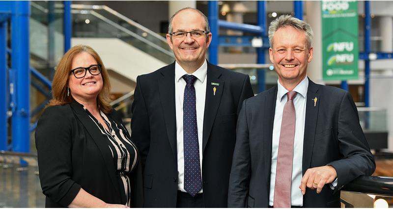 (L-R) Rachel Hallos is the new vice president, Tom Bradshaw the new president and David Exwood the new deputy president (Photo: NFU)