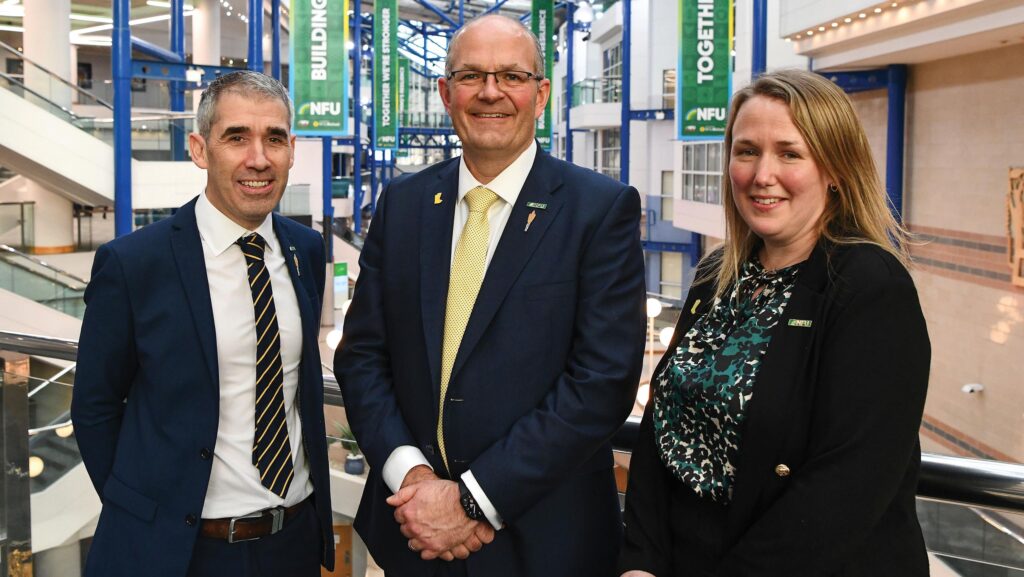 (L-R) NFU deputy president Paul Tompkins, president Tom Bradshaw and vice-president Robyn Munt