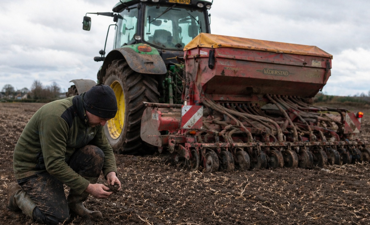 Farmer checks soil conditions during spring fieldwork, as input costs continue to put pressure on agriculture