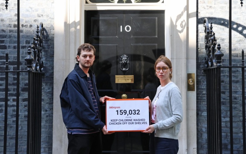 Campaigners display banner outside Downing Street opposing chlorinated chicken imports