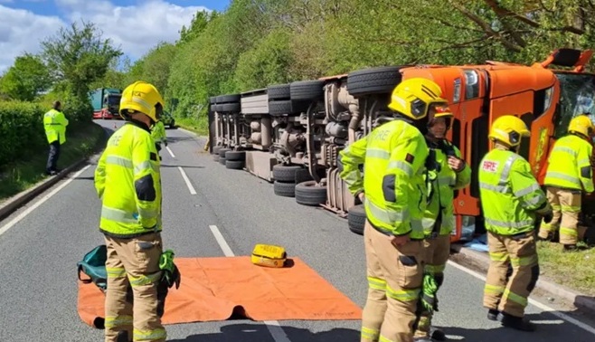 The lorry crashed onto its side on the A489 in Shropshire (Photo: West Mercia Police)