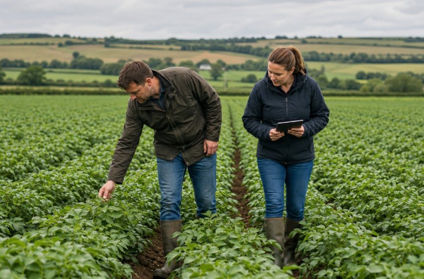A grower and adviser inspect a potato crop as Tesco calls for wider use of low-carbon fertilisers