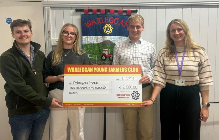 Warleggan YFC present £2,500 to Penhaligon’s Friends, alongside their other chosen charities
