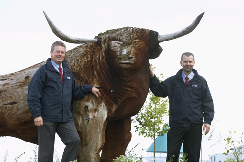 Local insurance inspectors Nick Howe (left) and Philip Wilson celebrate the opening of Cornish Mutual’s new office at Sedgemoor Auction Centre.