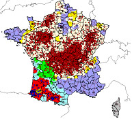 25th August 2008 - Maps showing cases of Bluetongue serotype 8 (denoted by dark red dots) in France