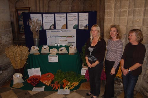 NIAB staff, from left to right at their harvest festival display, Dr Lydia Smith, Mary McPhee and Chris Dixon