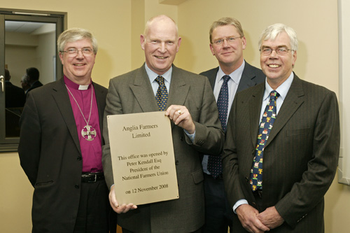 left to right:  The Right Reverend Graham James, the Lord Bishop of Norwich; George Bell, chairman of Anglia Farmers; Peter Kendall, president of The National Farmers’ Union; Clarke Willis, chief executive of Anglia Farmers.